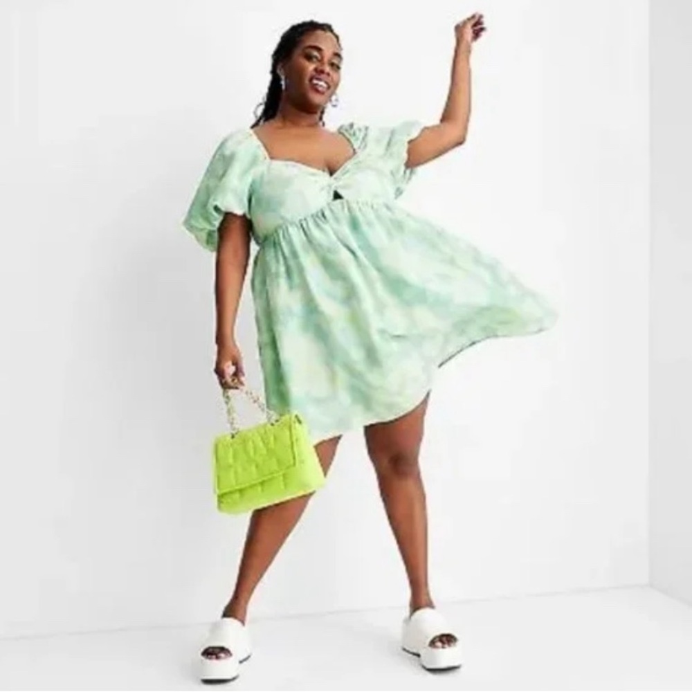 Sage Green Mini Dress with Puff Sleeves - Brand